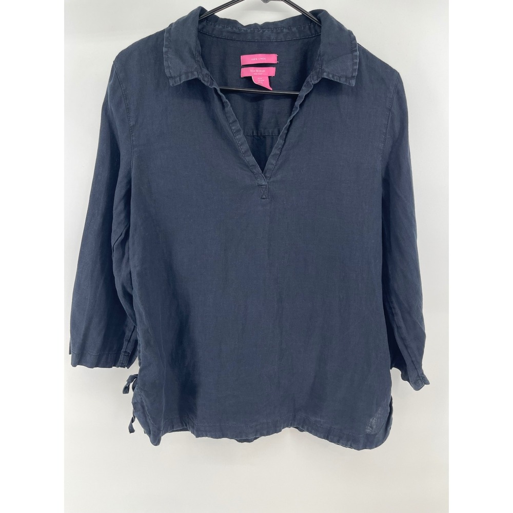 Isaac Mizrahi Tunic Blouse Womens Medium Black Resort 100% Linen Side Tie